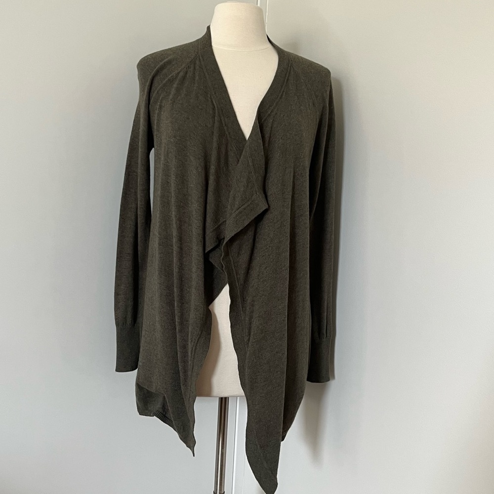 Ann Taylor LOFT Sweater S/M Earthy Green Open Draped Long Cardigan Waterfall
